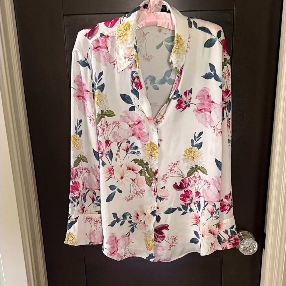 Zara Floral Button Down Shirt - White, Pink, Yellow